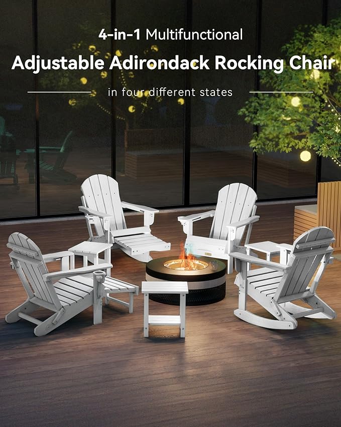 Adjustable Adirondack Rocking Chair with Retractable Ottoman, 4-in-1 Multifunctional Folding Patio Chair with Cup Holder, Outdoor Chair Wood Texture for Lawn,Porch, Backyard,Pool(White)