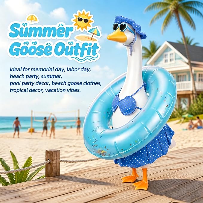 Summer Porch Goose Outfit with Sunglasses and Swim Ring, Hawaiian Bikini 23 inch Porch Goose Costume Clothing for Patio Yard