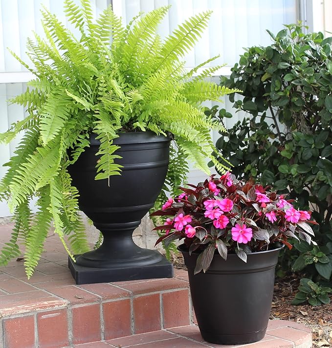 The HC Companies Eclipse Round Planter with Saucer - Outdoor & Indoor Plant Pot with Drainage Holes - Lightweight, UV-Resistant Plastic Pots for Plants, Flowers & Herbs (16" Black, Pack of 1)