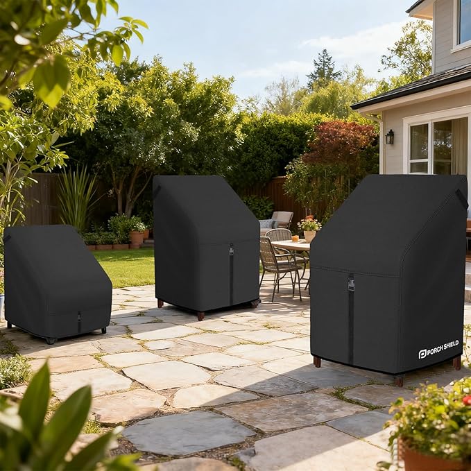 Porch Shield Patio Stackable Chair Covers - Waterproof Outdoor Stack of Chair Cover 2 Pack - 27W x 33D x 46H inch, Black