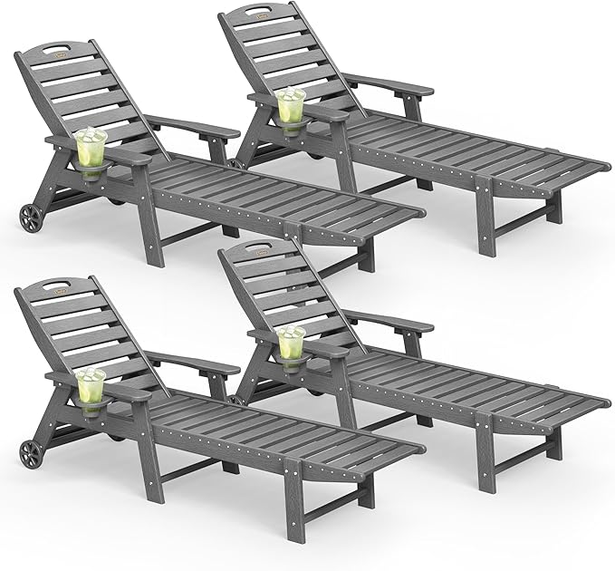 Lounge Chair Outdoor Set of 4 with Wheels, Adjustable 5-Position Chaise Lounge Outdoor, Patio Lounge Chair for Poolside Backyard, Dark Grey