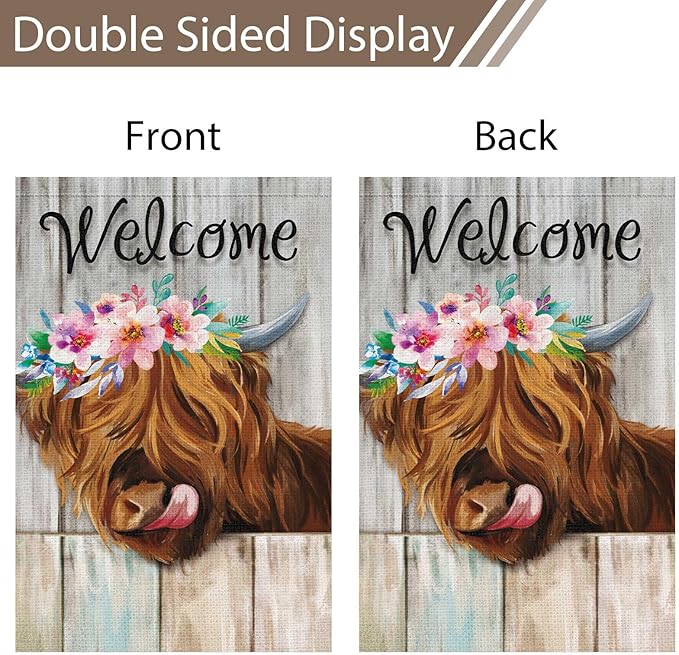Heyfibro Welcome Summer Highland Cow Garden Flag 28x40 Inch Double Sided Burlap, Farmhouse Floral Cow Yard Decor Spring Summer Flowers Porch Flag for Rustic Seasonal Outdoor Decoration(ONLY FLAG)