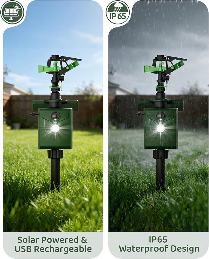Animal Repellent Motion-Activated Water Sprinkler, Solar Powered Outdoor Animal Deterrent with Flashing Light, IP65 Waterproof for Deer, Cats, Dogs, Raccoons, Garden & Lawn Protection