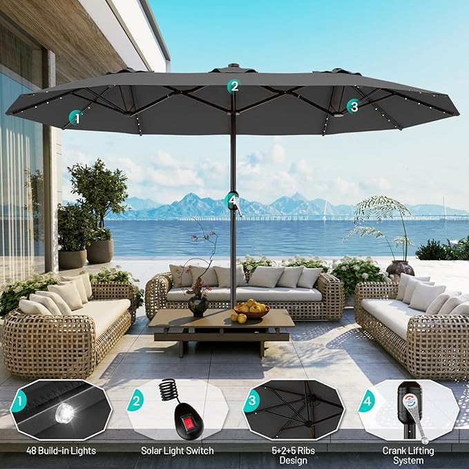 AreShark 13 FT Patio Umbrella with Solar Lights, Double-Sided Outdoor Table Umbrellas with Crank, Large Rectangular Market Umbrella for Porch, Lawn, Pool, Backyard, Gray