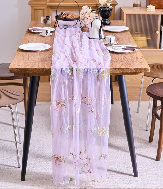 vctops 2 Packs Embroidery Lace Spring Table Runner 10ft Floral Garden Seasonal Tulle Table Runner Holiday Kitchen Dining Table Decoration for Wedding Party Baby Shower Birthday (Purple,30"x120")