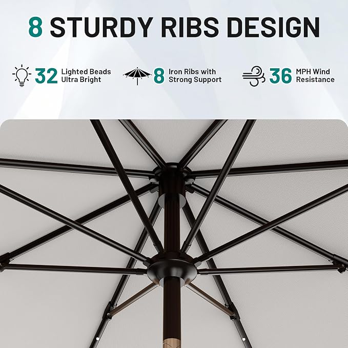 AreShark 11FT Large Patio Umbrella with Solar Lights, Lighted Solar Umbrella with Crank, Outdoor Table Market Umbrellas for Garden, Deck, Backyard, Pool and Beach, Light Gray