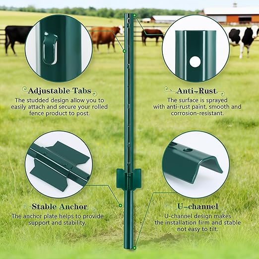 Gtongoko 10 Pack 4FT Heavy Duty Metal Fence Posts, Green U Channel No Dig Fence Stakes with Anchor Plate, 14 Gauge Steel Posts for Wire Fencing, Garden Protection, Animal Barrier, Yard & Farm Boundary