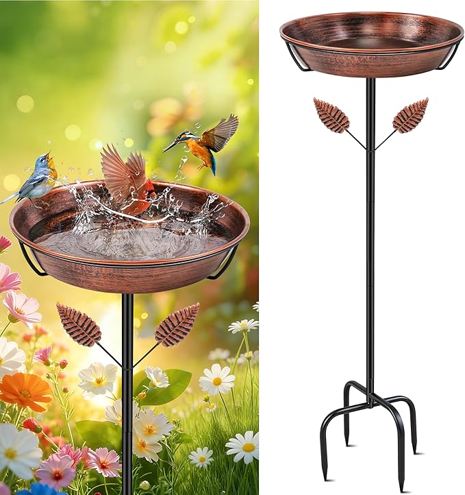 Metal Bird Bath for Outside, Freestanding Bird Baths with Removable Bowl, Birdbath & Bird Feeder with Upgraded Stable Stake for Garden Patio Yard Lawn (Vintage Brown, Leaf)