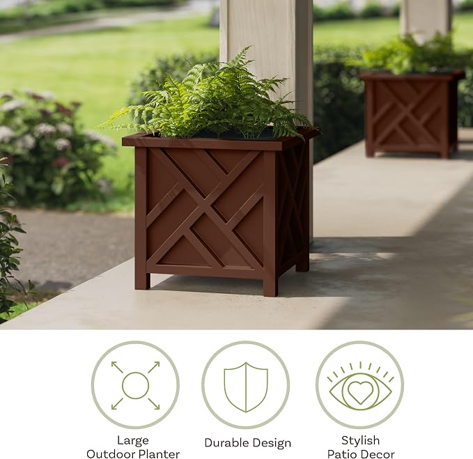 Lattice Design Outdoor Planter Box 2-Pack - 15.5” Square 16.5” Tall Brown Decorative Plant Pots for Front Porch Decor - Flower Pots Outdoor Planters for Porch Patio or Garden Decor by Pure Garden