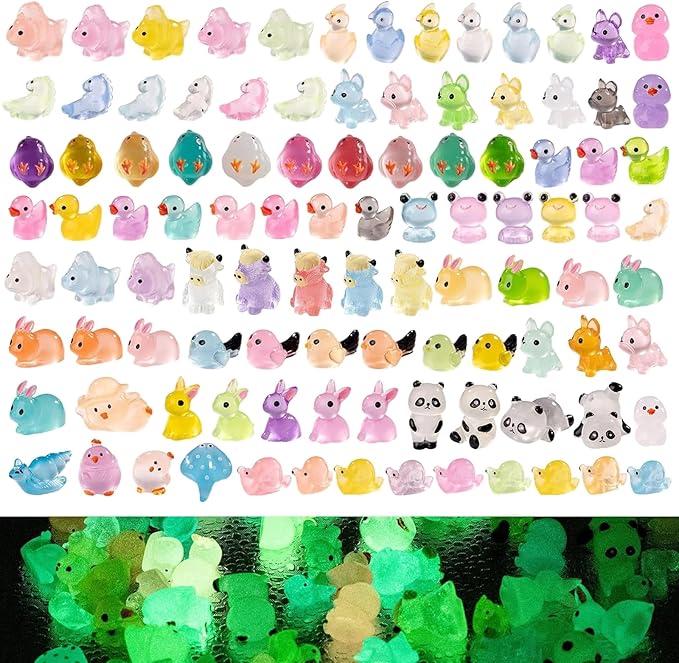 110 Pack Mini Animals Tiny Animal Figurines Bulk for Miniature Glow in Night Dollhouse Decor Accessories Garden Aquarium Potted Ornament Party DIY Charms Office Classroom Activity to Hide