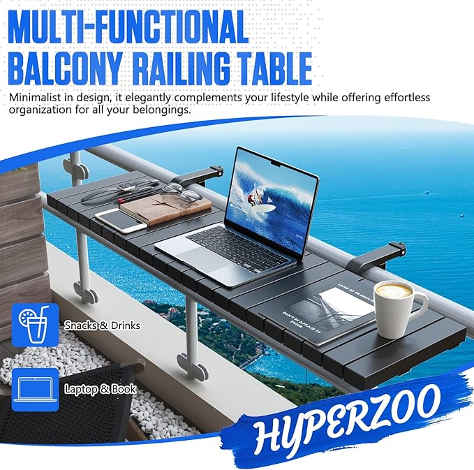 Balcony Bar Table for Railings, Hyperzoo Outdoor Patio Bar, Heavy-Duty Galvanized Iron 49"×9.6" Balcony Side Table, Holds 110 lbs, Adjustable，Easy Assembly，Fits 4.4" or Less Top Rail（Black）
