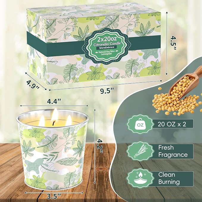 WarmEmbrace Citronella Candles Outdoor & Indoor, 40oz Large Citronella Candle 200H Burning Long Lasting, Soy Scented, 3-Wick Natural Soy Wax for Patio, Garden, Backyard, Camping, Cookout