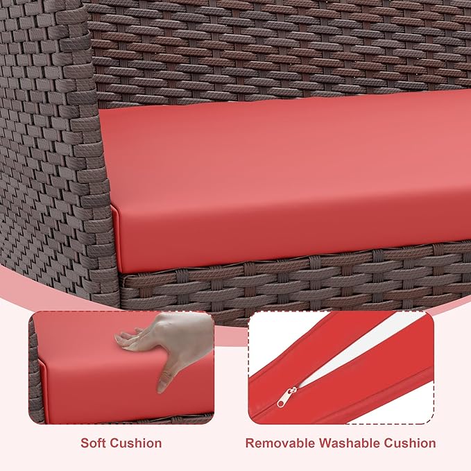 Patio Furniture Set 4 Pieces, Outdoor Patio Furniture Set with Rattan Wicker Chairs, Glass Table and Cushions for Porch, Balcony, Backyard, Garden, Poolside, Brown & Red