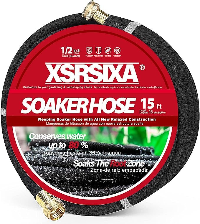 15FT Heavy Duty Soaker Hose – 1/2" Ultra-Flexible Rubber with Reinforced Core, 20% Stronger Stretch & Even Water Flow for Gardens, Lawns, Raised Beds (Drip Irrigation Hose)
