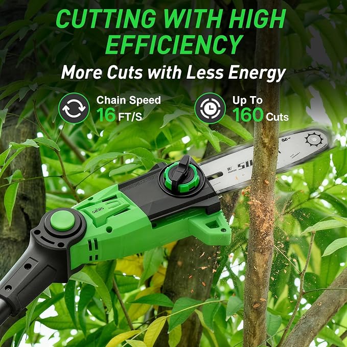SOYUS Pole Saw 8-Inch Cordless, Electric Pole Saw for Tree Trimming with 2 X 3.0Ah Battery & Charger, 15-Foot Max Reach Cordless Tree Trimmer with Multi-Angle, 16ft/s Speed, Auto Oiling