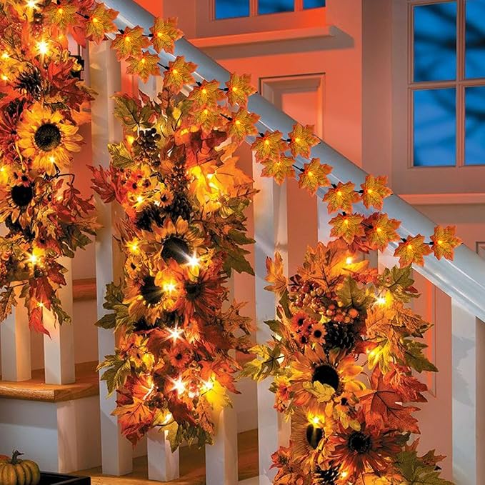 GOOTHY Fall Decor Orange Maple Leaf String Lights Plug in, 13.6Ft LED Outdoor Thanksgiving Decorations Lights with 35 Maple Leaves Light, Hanging Halloween Leaves Light for Outdoor Fall Party Window
