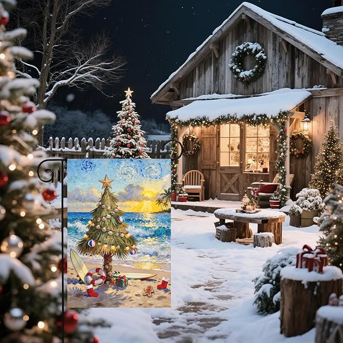 Coastal Christmas Garden Flag 12x18 Inch Xmas Tree Beach Holiday Themed Decorative Yard Flags for Outside Double Sided Winter Seasonal Outdoor Home Farmhouse Decoration Porch New Year Decor