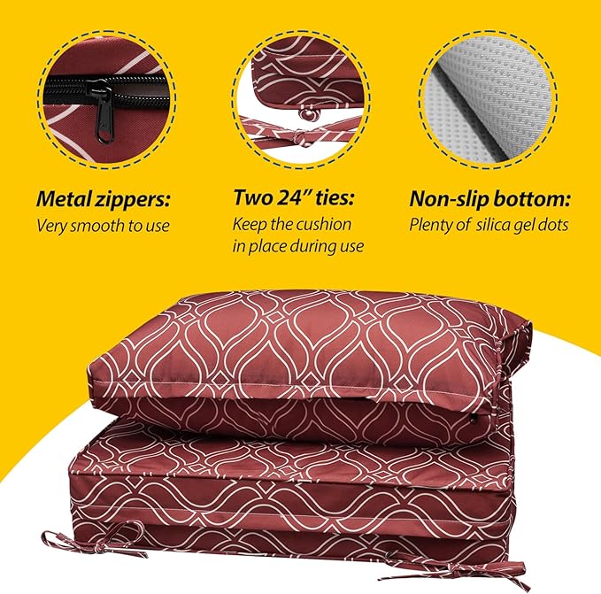AAAAAcessories Outdoor Seat Cushions for Chairs, Fade-Resistant, Waterproof Patio Furniture Replacement Cushions, 25.5" x 25.5" x 5" + 25.5" x 13.5", Clay Red Vine Trellis