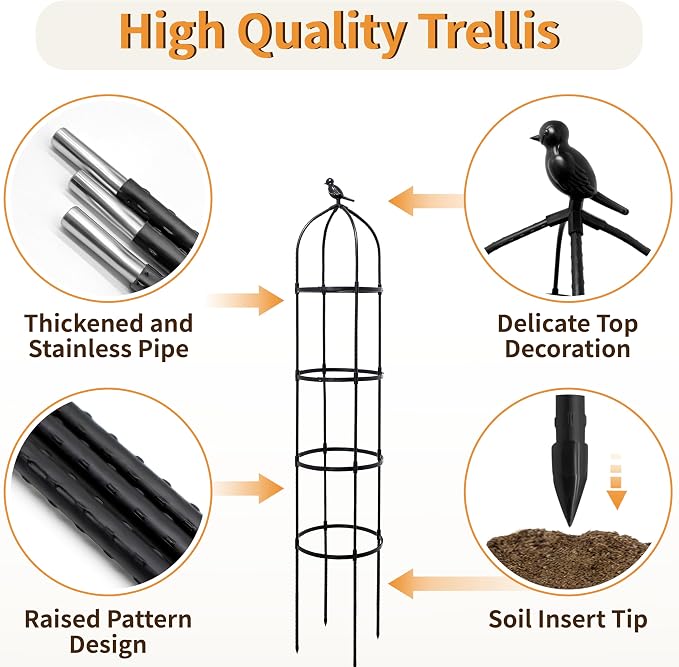 1 Pack Garden Obelisk Trellis for Climbing Plants Outdoor, 6FT Adjustable Metal Plant Support with 3 Decorative Tops, Black Rustproof Trellis for Roses, Tomatoes, Clematis & Vines