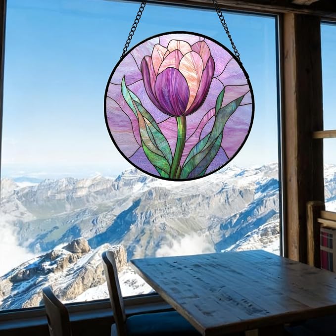 DASTOLL Stained Glass Window Hanging Purple Tulips Flower Large 15" - Suncatcher Door Garden Sun Catcher Home Decor Birthday Mother's Day for Mom Men Woman Parents Her Nana Friend