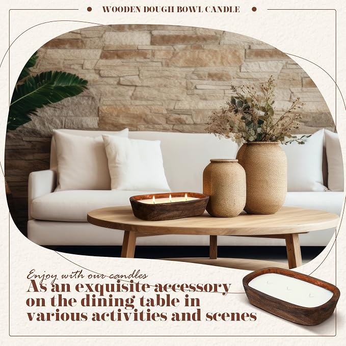 Threlaco 1 Pack 10 Inch Wood Dough Bowl Candles Home Rustic Dough Bowl Soy Candle 3 Wick Scented Candles Gifts for Men Women Farmhouse Table Centerpiece Home Decor for Christmas(Hot Cocoa)