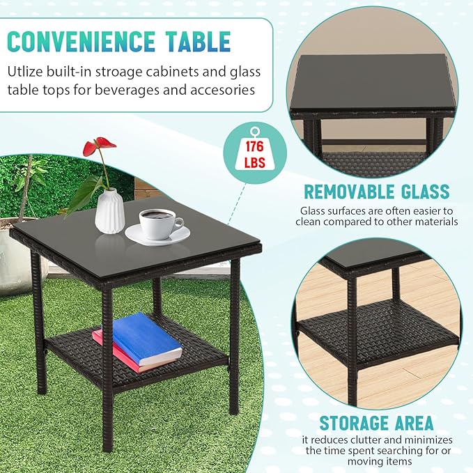 FDW Patio Bistro Conversation Set Wicker Furniture 2 Rattan Chairs Cushions and Glass Coffee Table for Porch Lawn Garden Balcony Backyard, 3 Pieces, Brown and Khaki