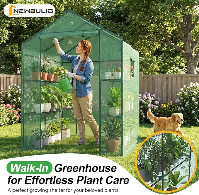 NEWBULIG Outdoor Greenhouse, Walk-in Greenhouse with 2 Tier 8 Plant Shelves, 56"×56"×77" Durable PVC Cover, Portable Greenhouses for Outdoor Garden, Patio, Porch, Backyard Green Houses, Green