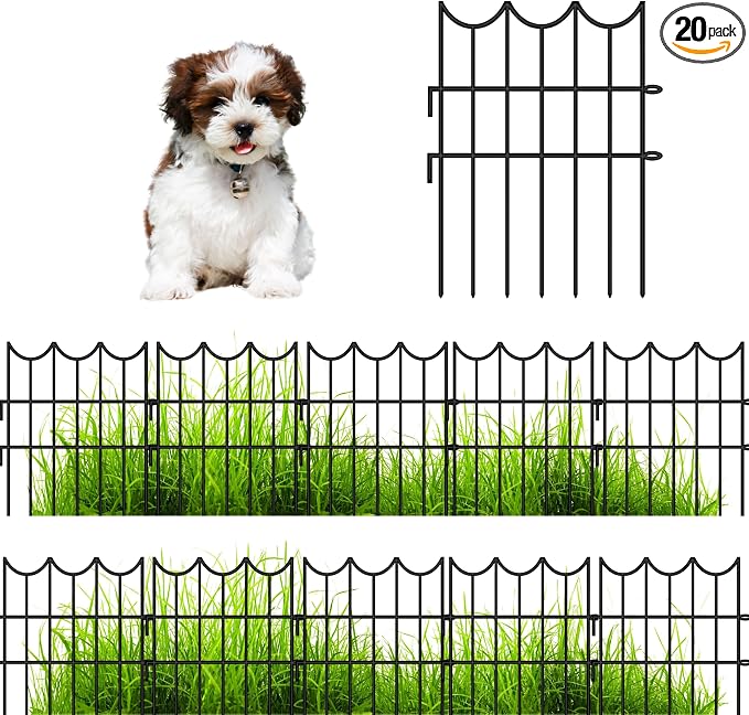 ShopLaLa Decorative Garden Fence (20 Panels) 12in(L) x 16.5in(H) Black Metal Wire Rustproof Animal Barrier Fencing for Dogs, Flower Bed Edging for Landscape Patio Outdoor Decor Gate and Fences Boarder