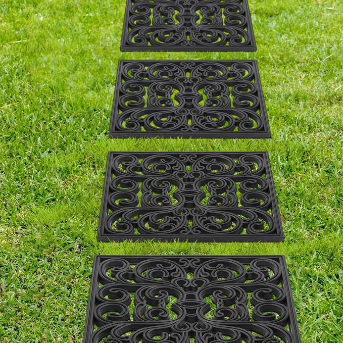 Pangda 8 Pcs Rubber Stepping Stones Outdoor Garden Walkway, 12 x 12 Inch Heavy Duty Pathway Pavers Retro Decorative Stepping Stones for Outside Landscaping Yard Lawn Path (Scroll Square,Black)