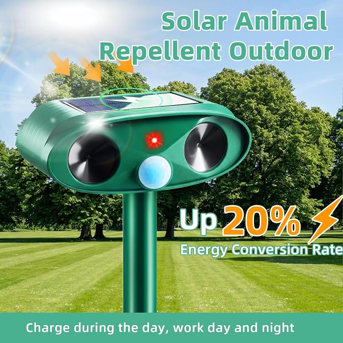 4 Pack Sonic Fortress Pro Deer Repellent Devices- Solar Ultrasonic Animal Repeller Outdoor Weatherproof with Motion Sensor & USB Charging,Deter Cats,Squirrels,Racoons,Rabbits,Skunks for Yard Garden