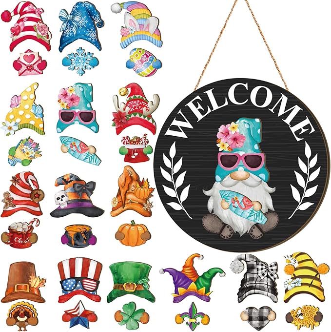 Qunclay Interchangeable Wooden Gnome Decor Holiday Seasonal Gnome Decorations with Magnet Pieces and Detachable Hats Changeable Welcome Sign for Home(Black)