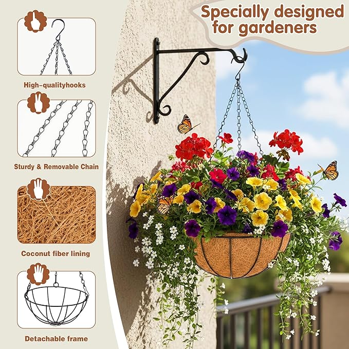 12 inch Metal Hanging Baskets For Plants Outdoor 4 Pack Round Metal Wire Hanging Basket Planter with Coco Fiber Liners Chain Round Wire Plant Holder for Garden, Patio, Deck, Porch Plants Flower Potss