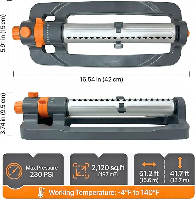 Oscillating Water Sprinkler for Yard, Lawn Sprinkler with 3-Way Adjustable Spray for Garden and Lawn Large Area Outside Watering, Durable Base
