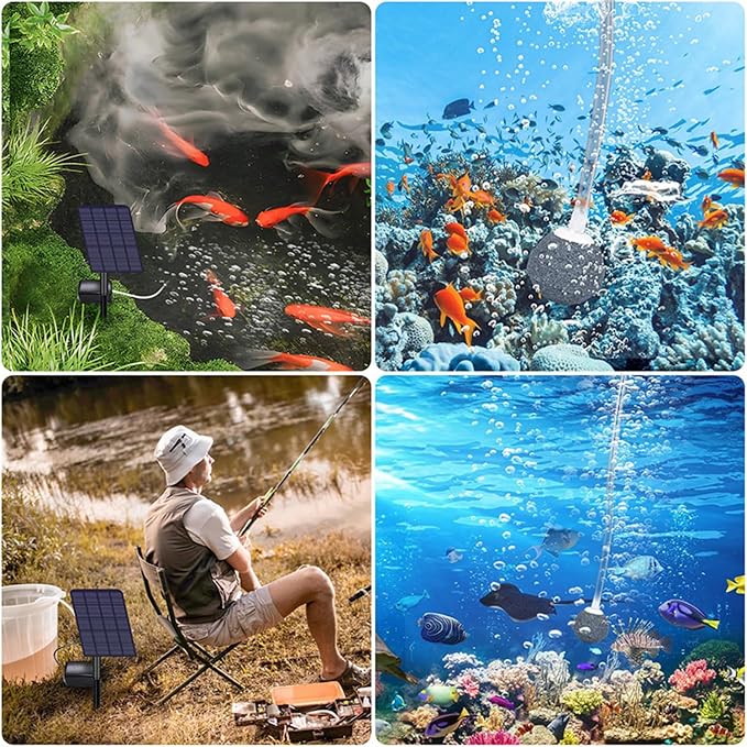 Solar Fish Tank Oxygen Pump, 2W Plug-in Aquarium Oxygenator, Fishing Oxygenator Air Pump with Piped Bubble Rock for Fish Tanks, Outdoor Ponds (Single Head Direct Drive)