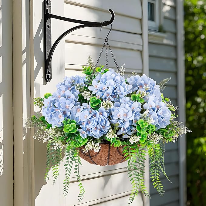 Ammyoo Artificial Hanging Hydrangea Flowers with Basket for Outdoor Spring Decoration, Fake Silk Hydrangea Flower Outdoor Indoor Arrangements, Fake Hanging Plants for Balcony Garden Yard Decor(Blue)