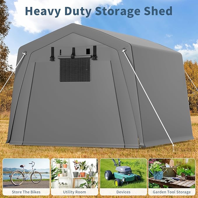 Portable Carport Storage Shed, 10' x 15' Motorcycle Tent, Waterproof & UV-Resistant with Roll-Up Zipper Doors, Gray Outdoor Shelter for Bikes, Tools & Equipment