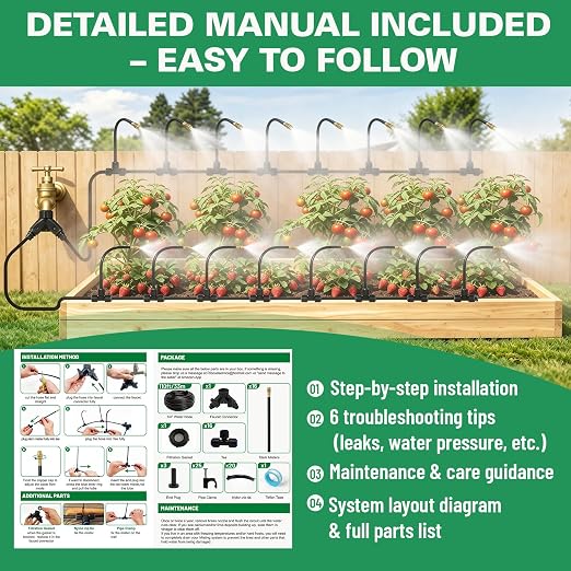 Riboud 110Ft Drip Irrigation System, 2026-Upgrade Garden Watering Kit with 16 Adjustable Copper Rotating Arm Nozzles, 360° Flexible Spray Irrigation Kit for Raised Beds, Lawn, Greenhouse