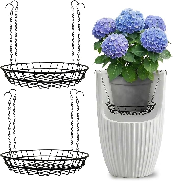 Adjustable Plant Risers for Large Tall Pots, 12-18" Planter Insert, False Bottom Pot Filler with 4 Hooks & Chains, Holds 48 lbs Rustproof Soil Saver for Indoor Outdoor Planters (2Pack, Black)