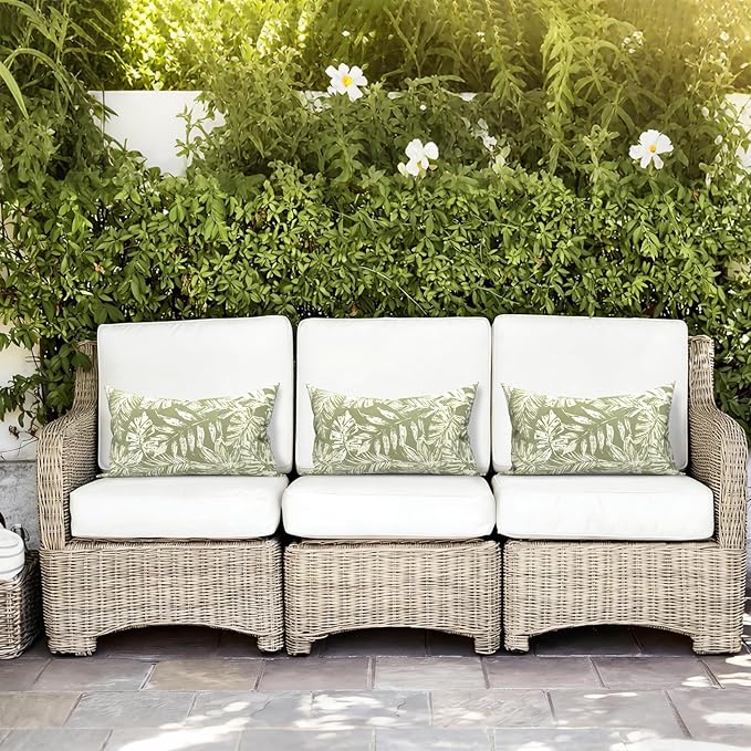 LVTXIII Set of 2 Patio Lumbar Pillows, 12" x 20" Fade Resistant Outdoor Lumbar Pillow with Inners, Fluffy Decorative Garden Lumbar Cushions for Home Patio Coach Sofa Use, Tropical Leaf Green