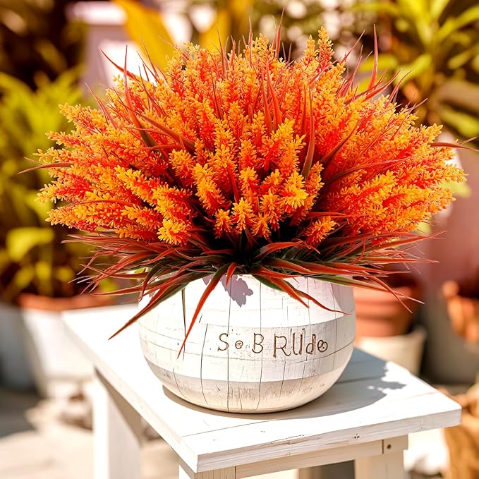 24 Bundles Artificial Fall Flowers Outdoor, Faux Lavender with Monkey Grass | UV Resistant Plastic Faux Plants for Garden Porch Patio Home Decor, Autumn-orange Color