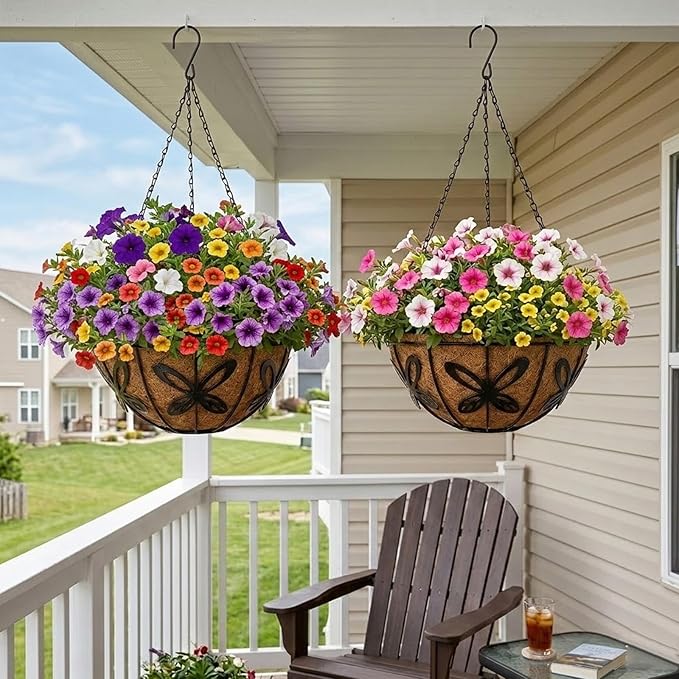 3 Pack Hanging Baskets for Plants Outdoor 14 Inch Butterfly Metal Hanging Planters with Coco Coir Liner, Round Hanging Flower Basket for Home Garden Patio Balcony Porch
