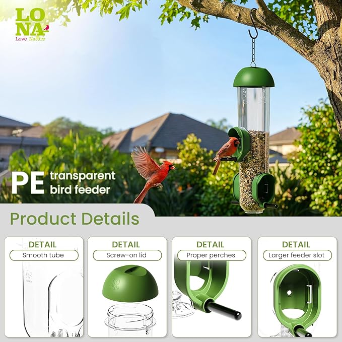 LONA Bird Feeders for Outdoors, Tube Feeder Weatherproof with Multiple Hanging Methods, Wild Bird Feeding Silo for Outside, 3 Port