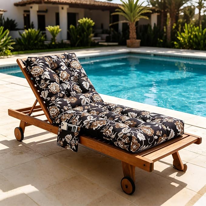 Patio Chaise Lounge Cushions, 68"x21"x4.5" Waterproof Replacement Beach Pool Lawn Outdoor Lounge Chair Cushion with Pocket, Non-Slip Bottom & Secure Ties for Outdoor Furniture, Flower Black