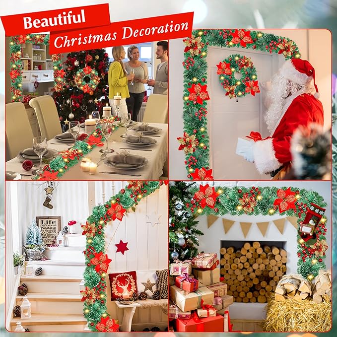 Christmas Garland,Christmas Garland with Lights Battery Operated,9 ft Rattan Artificial Flower Vine Plants Xmas Decorations for Indoor Outdoor Home Mantel Fireplace Stairs