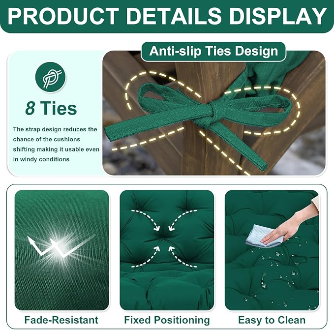 Porch Swing Cushions 48 inch Waterproof & Fade Resistant Thicken 5" Outdoor Swing Cushions 2 Seater Replacement with Backrest & Ties Patio Swing Cushions for Outdoor Furniture (Dark Green)