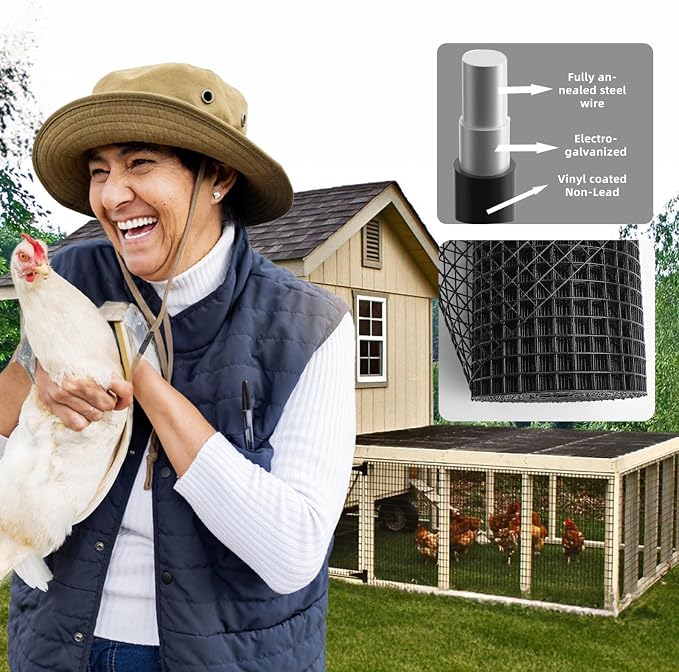 Black Hardware Cloth 1/2 inch 24 x 100 ft 19 Gauge PVC Vinyl Coated Wire Mesh, Double-Layer Rust-Proof Design Durable, Chicken Wire Mesh, Tree Guard, Rodent Wire