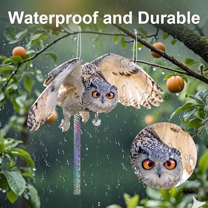 Fake Owl to Keep Pigeon Away from Roof, 4PCS Flat Plastic Owls with Reflective Tape, Pigeon Scare Devices, Garden Owls to Scare Woodpecker Squirrel, Hanging Owl Decor for Porch Patio Outside