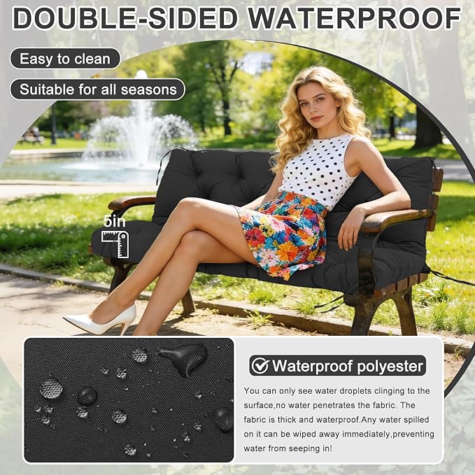 Porch Swing Cushions 70 inch Waterproof & Fade Resistant Thicken 5" Outdoor Swing Cushions 3 Seater Replacement with Backrest & Ties Patio Swing Cushions for Outdoor Furniture (Black)