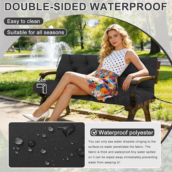 Porch Swing Cushions 48 inch Waterproof & Fade Resistant Thicken 5" Outdoor Swing Cushions 2 Seater Replacement with Backrest & Ties Patio Swing Cushions for Outdoor Furniture (Black)