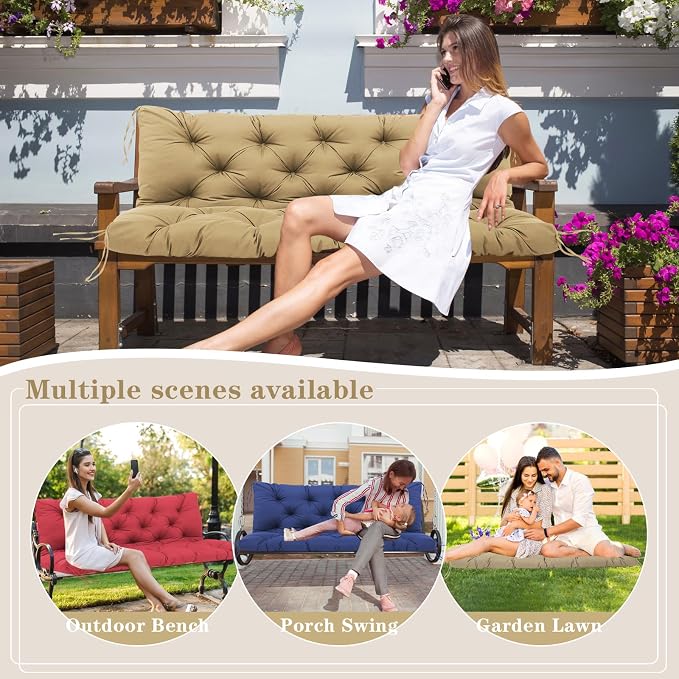 Porch Swing Cushions 60x40 Inch, 5" Extra Thick Waterproof Outdoor Swing Seat Cushion with Backrest & 8 Non-Slip Ties PP Cotton + Memory Foam Fill, Fade-Resistant 3-Seater Replacement for Patio Bench